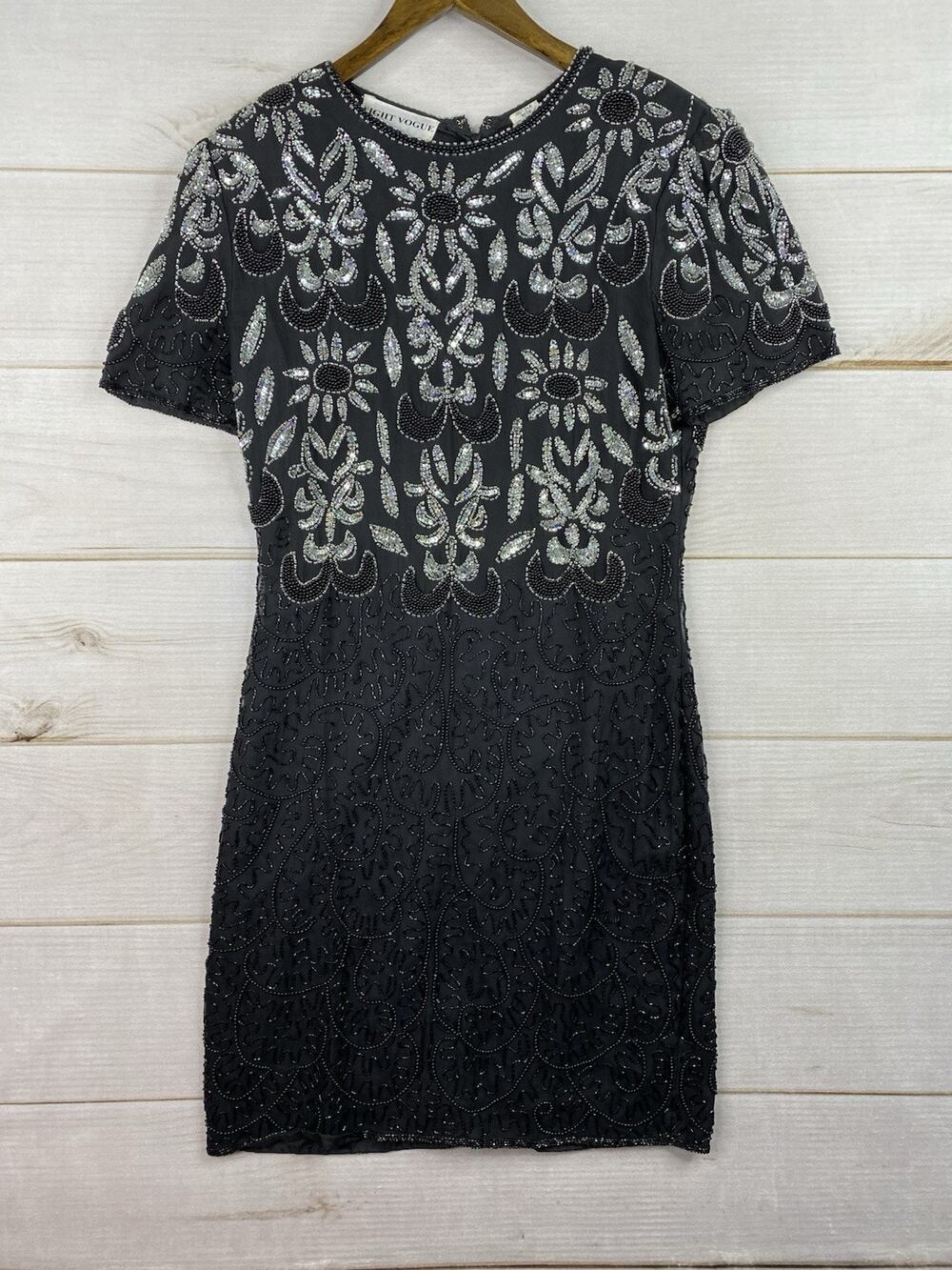 Night Vogue 100% Silk Dress Sz M Black Heavily Beaded Short Sleeve Mini Vintage